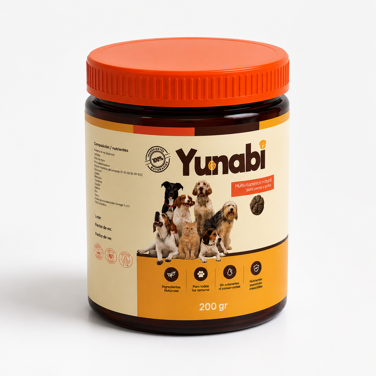 Frasco de Yunabi visto de lado, con la composición y nutrientes